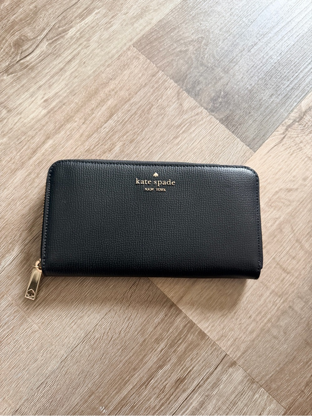 kate spade Black Pebbled Leather Zip Wallet with Gold Accents